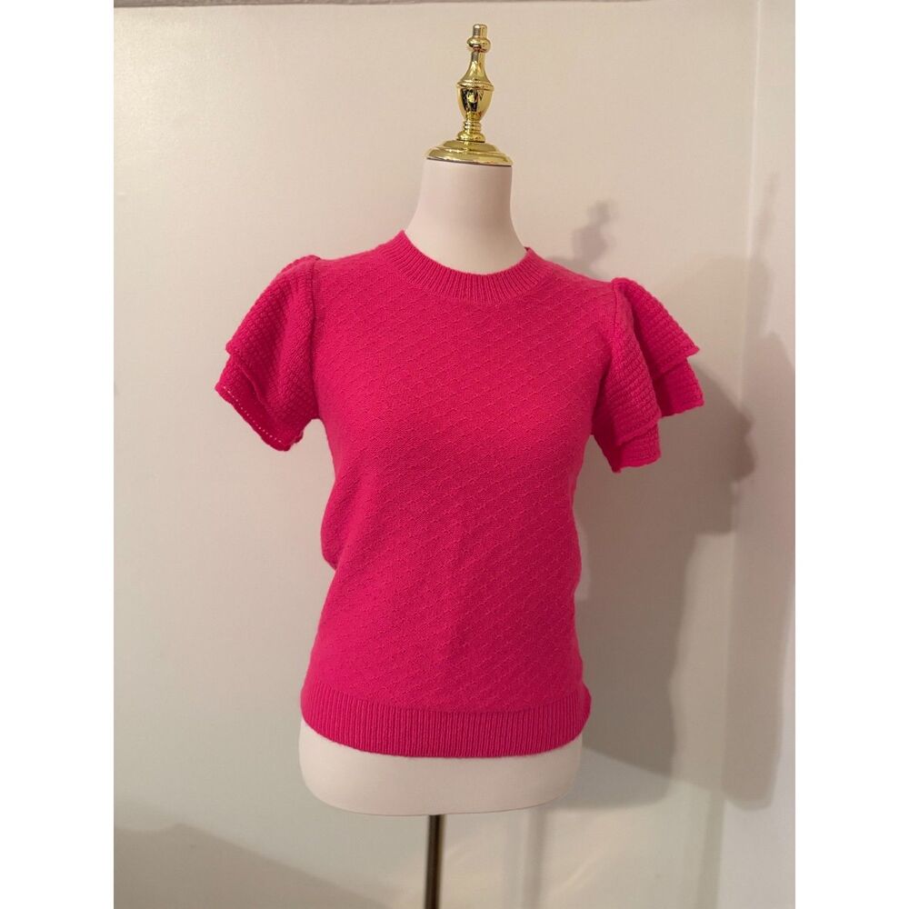 And The Why Hot Pink Ruffle Flutter Sleeve Knit Sweater Top S/M